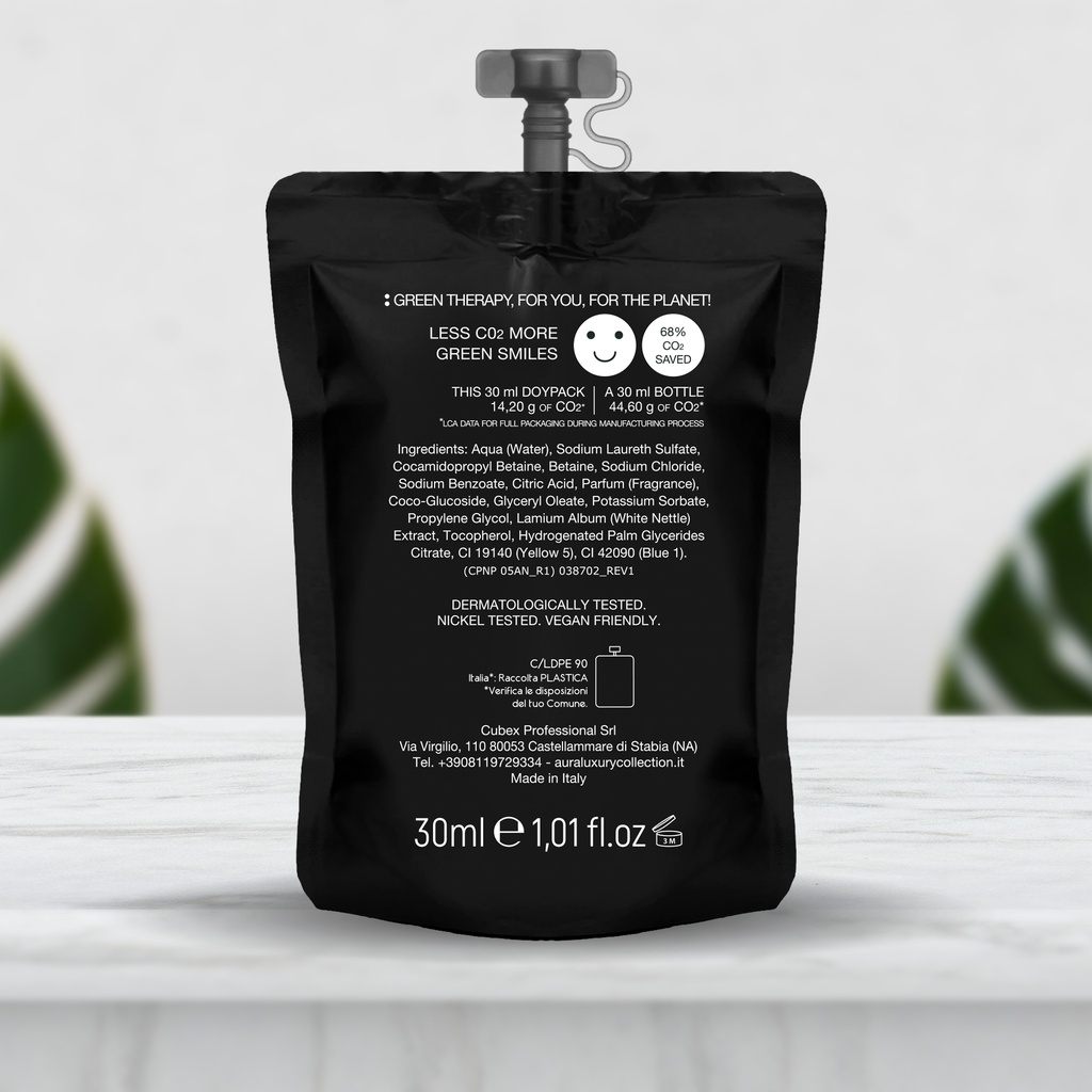 Bustina Doypack stand-up richiudibile 30 ml shampoo doccia fiordaliso e passiflora Aura Luxury Collection Black Edition
