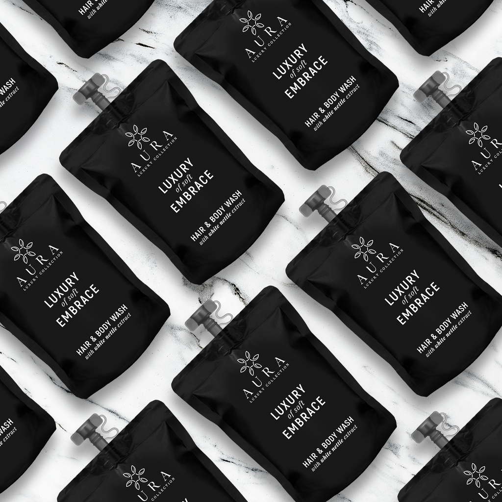 Bustina Doypack stand-up richiudibile 30 ml shampoo doccia fiordaliso e passiflora Aura Luxury Collection Black Edition