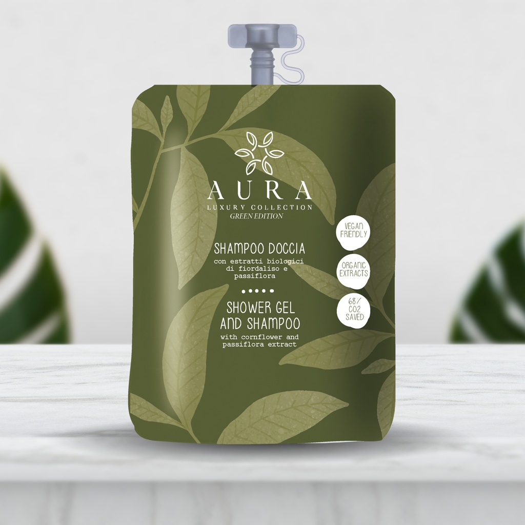 Kit bustine shampoo doccia stand-up richiudibili con estratti biologici di fiordaliso e passiflora 30 ml