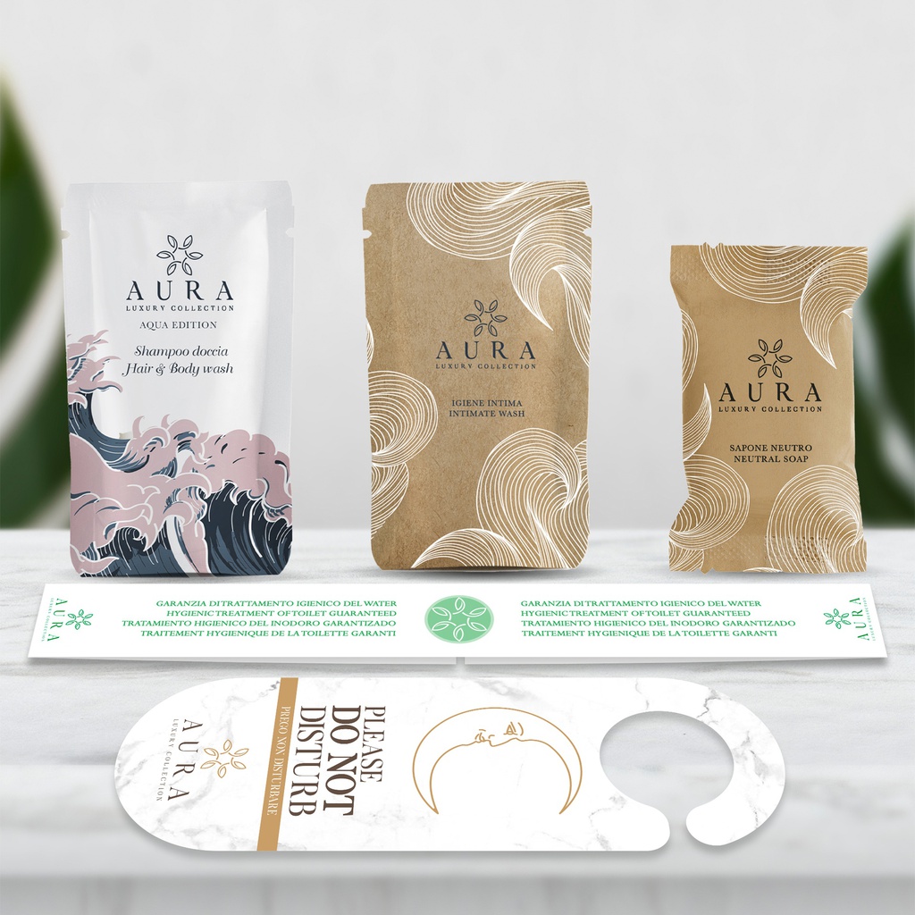 Kit cortesia bagno da 150 pezzi composto da 50 bustine shampoo doccia 20 ml, 50 bustine igiene intima, 50 saponette 20 gr + OMAGGIO 500 fasce garanzia igiene WC e 12 cartello appendiporta "don't disturb"