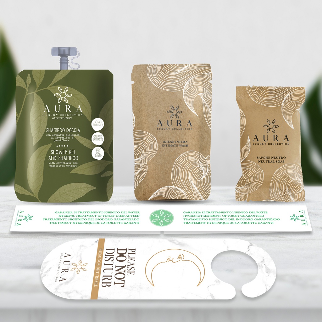 Kit cortesia bagno da 150 pezzi composto da 50 bustine shampoo doccia 30 ml richiudibili, 50 bustine igiene intima, 50 saponette 20 gr + OMAGGIO 500 fasce garanzia igiene WC e 12 cartello appendiporta "don't disturb"