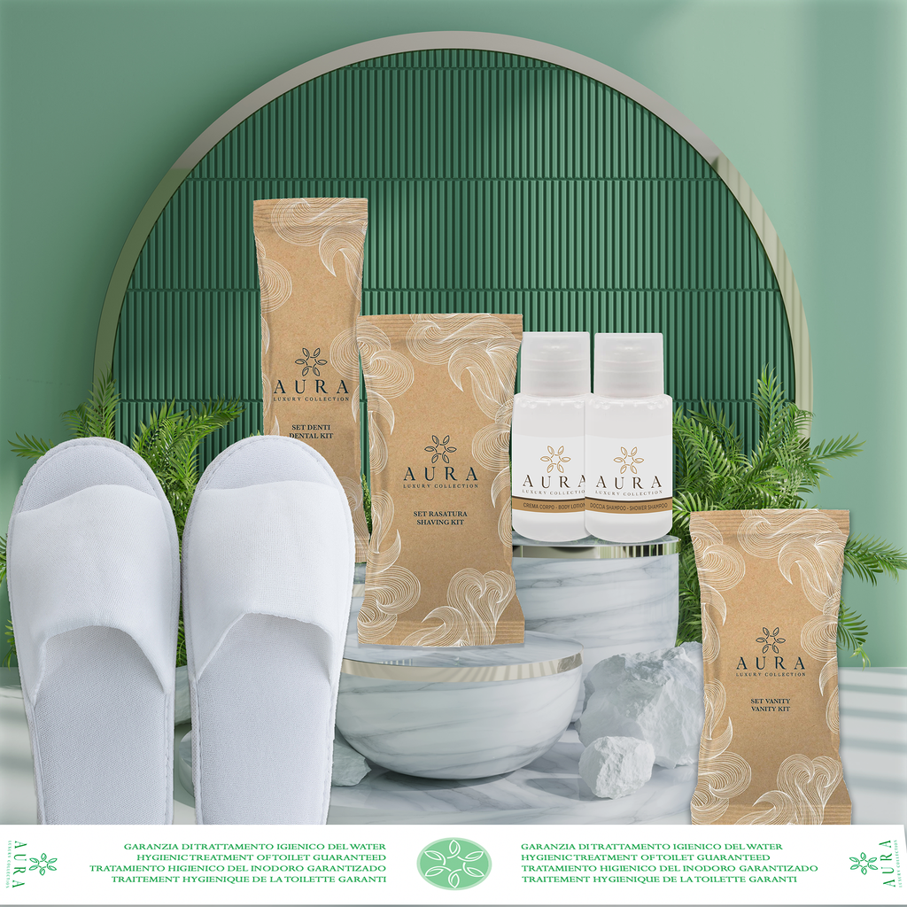 Kit cortesia Spa 260 Pezzi con Crema Corpo, Doccia Shampoo, Ciabatte Luxury Monouso, Set Vanity, Set Rasatura, Set Igiene orale + 500 Fasce Garanzia OMAGGIO!