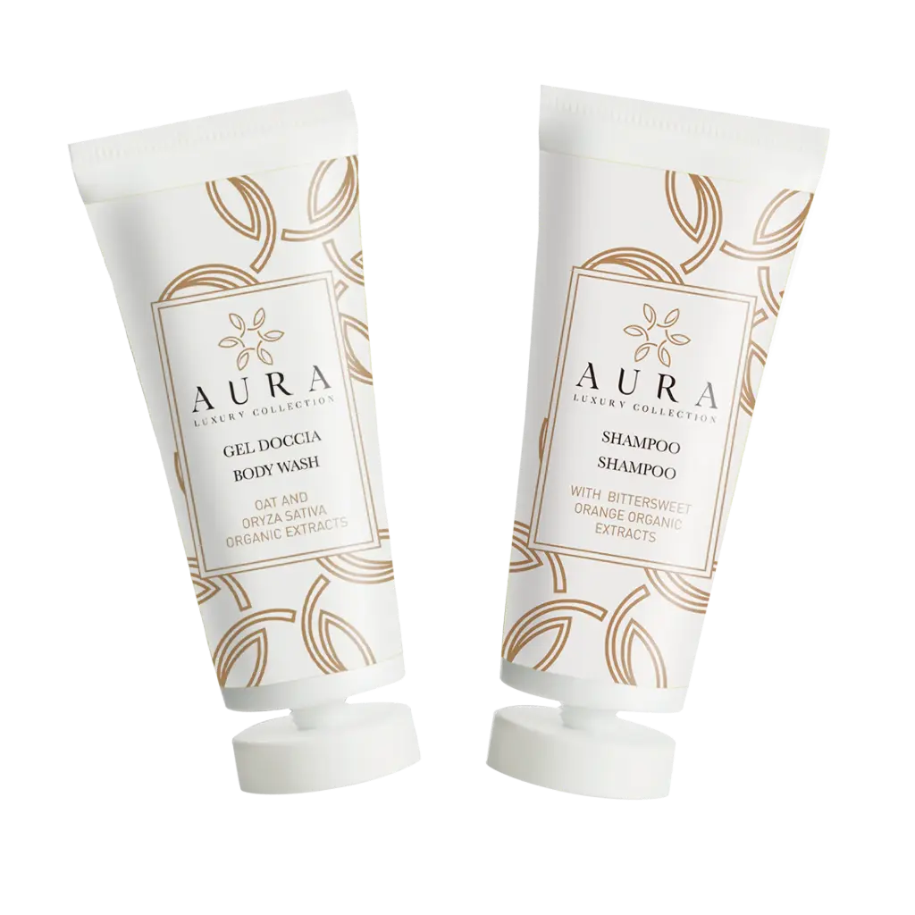 Kit tubi gel doccia 30 ml con estratti biologici di avena e oryza sativa e tubi shampoo con estratti biologici di the nero ed arancio amaro 30 ml