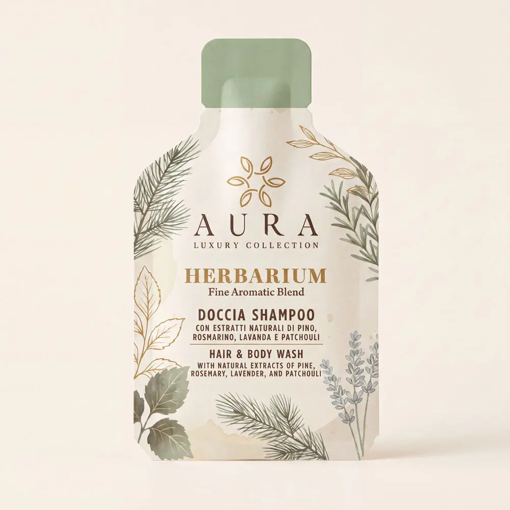 Herbarium Edt Bustina stand-up 25 ml in carta shampoo doccia con estratti bio di pino, rosmarino, lavanda e patchouli Aura Luxury Collection