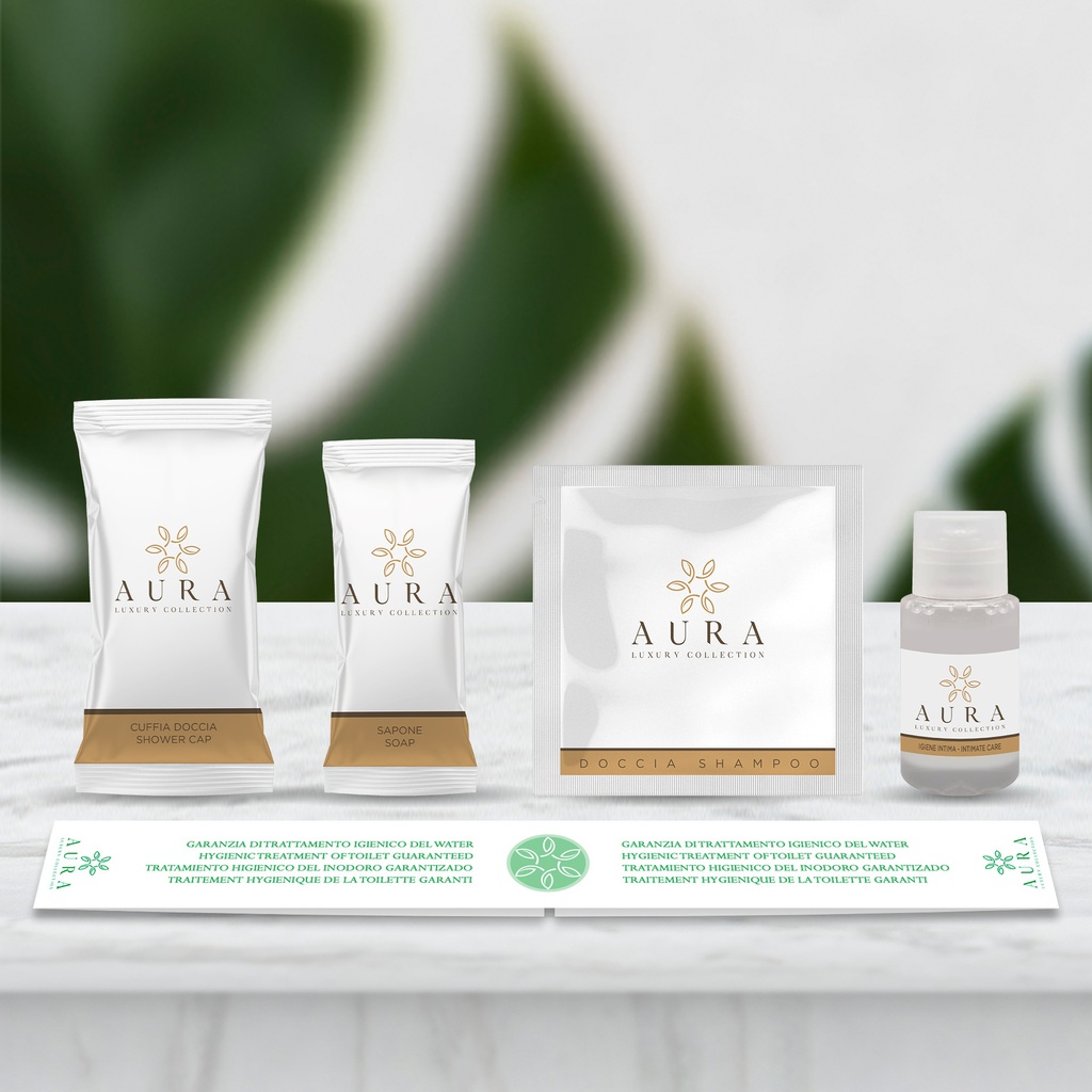 Kit cortesia bagno da 295 pezzi: 100 Bustine doccia shampoo da 10 ml, 70 flaconi igiene intima da 20 ml, 40 cuffie monouso, 85 saponette da 9 gr e 500 Fasce Garanzia in Omaggio!