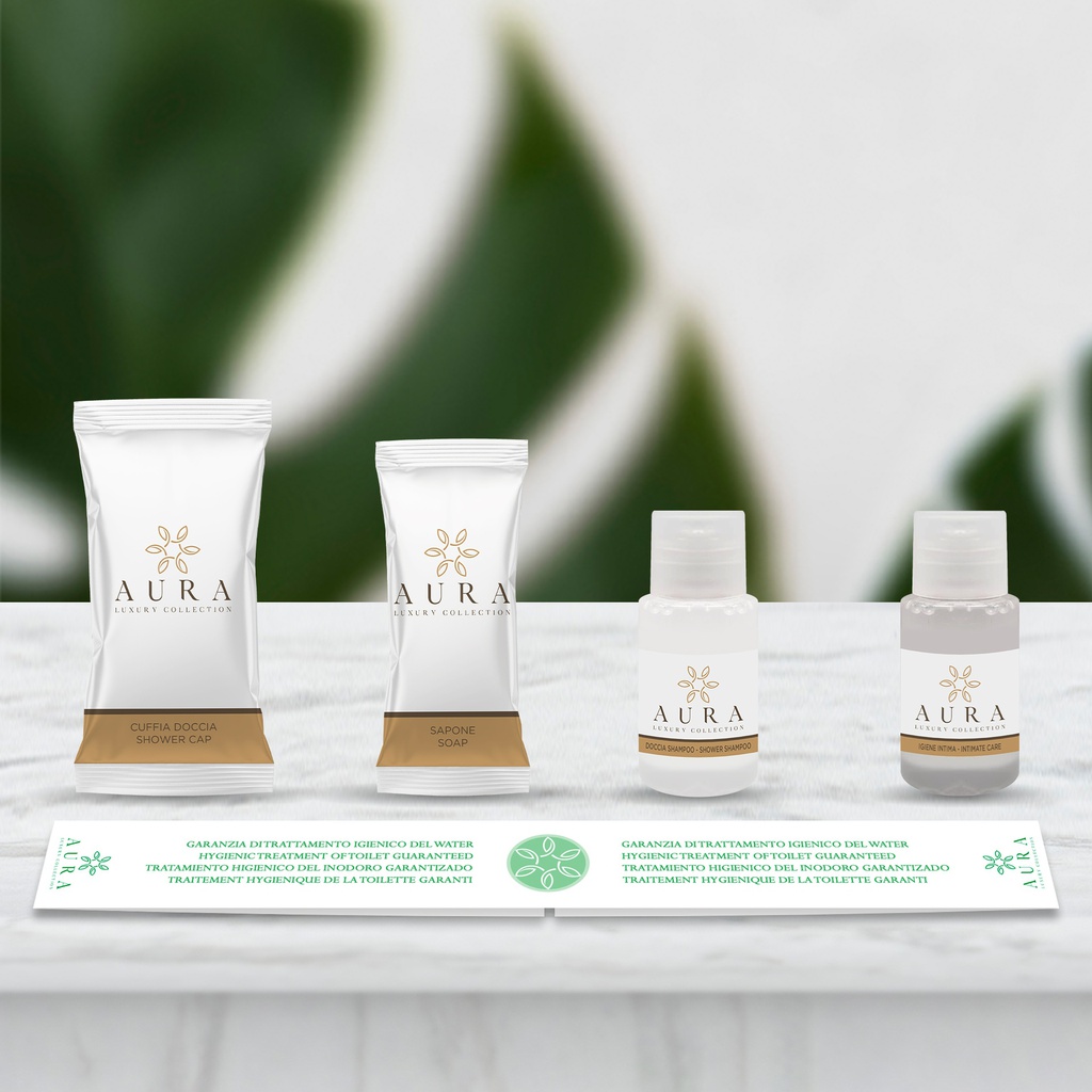 Kit cortesia bagno da 445 pezzi: 140 Flaconi doccia shampoo da 20 ml, 140 flaconi igiene intima da 20 ml, 80 cuffie monouso, 85 saponette da 9 gr e 500 Fasce Garanzia in Omaggio