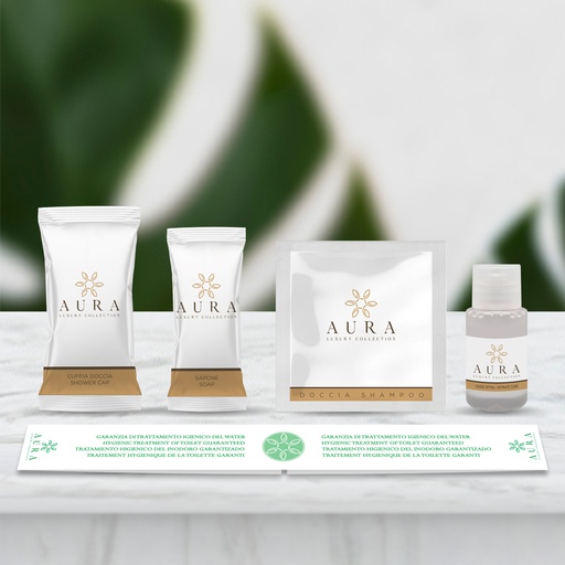 [BUND0165] Kit cortesia bagno da 295 pezzi: 100 Bustine doccia shampoo da 10 ml, 70 flaconi igiene intima da 20 ml, 40 cuffie monouso, 85 saponette da 9 gr e 500 Fasce Garanzia in Omaggio!