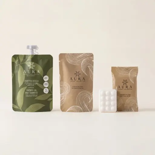 [BUND0222] Kit cortesia bagno da 150 pezzi composto da 50 bustine shampoo doccia 30 ml richiudibili, 50 bustine igiene intima, 50 saponette 20 gr + OMAGGIO fasce garanzia igiene WC e 12 cartello appendiporta "don't disturb"