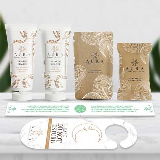 [BUND0220] Kit cortesia bagno da 200 pezzi: 50 tubi 30 ml shampoo, 50 tubi 30 ml gel doccia, 50 bustine igiene intima 20ml, 50 saponette 20gr +OMAGGIO 500 fasce garanzia igiene WC e 12 appendiporta don't disturb