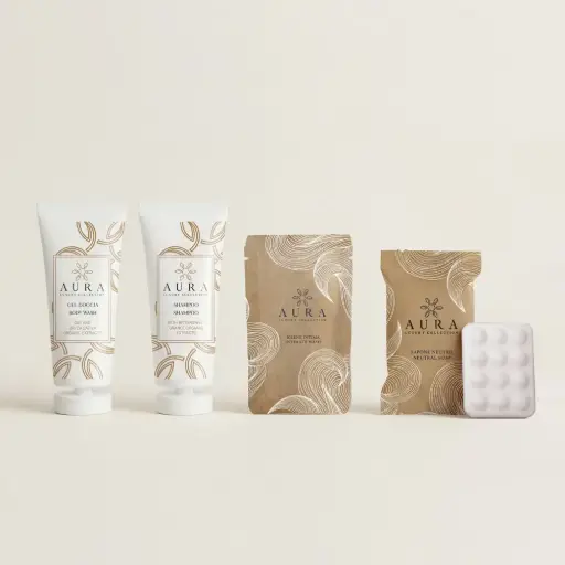 [BUND0220] Kit cortesia bagno da 200 pezzi: 50 tubi 30 ml shampoo, 50 tubi 30 ml gel doccia, 50 bustine igiene intima 20ml, 50 saponette 20gr +OMAGGIO fasce garanzia igiene WC e 12 appendiporta don't disturb