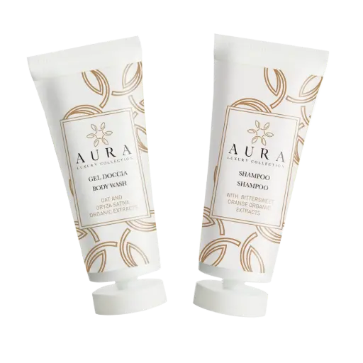 Kit tubi gel doccia 30 ml con estratti biologici di avena e oryza sativa e tubi shampoo con estratti biologici di the nero ed arancio amaro 30 ml